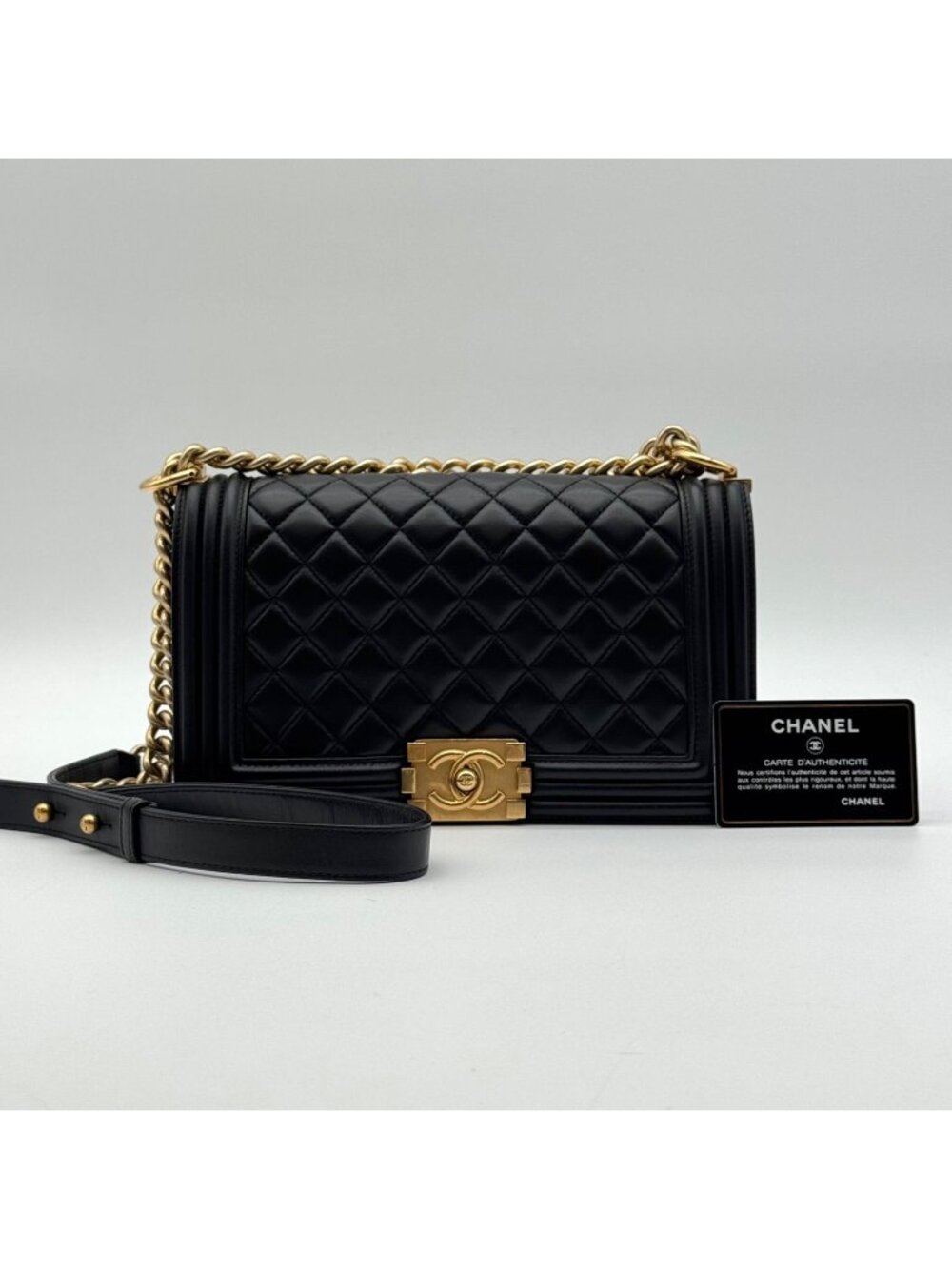 Chanel Shoulder Bag Boy CC Logo Gold Black Quilted Leather Chain